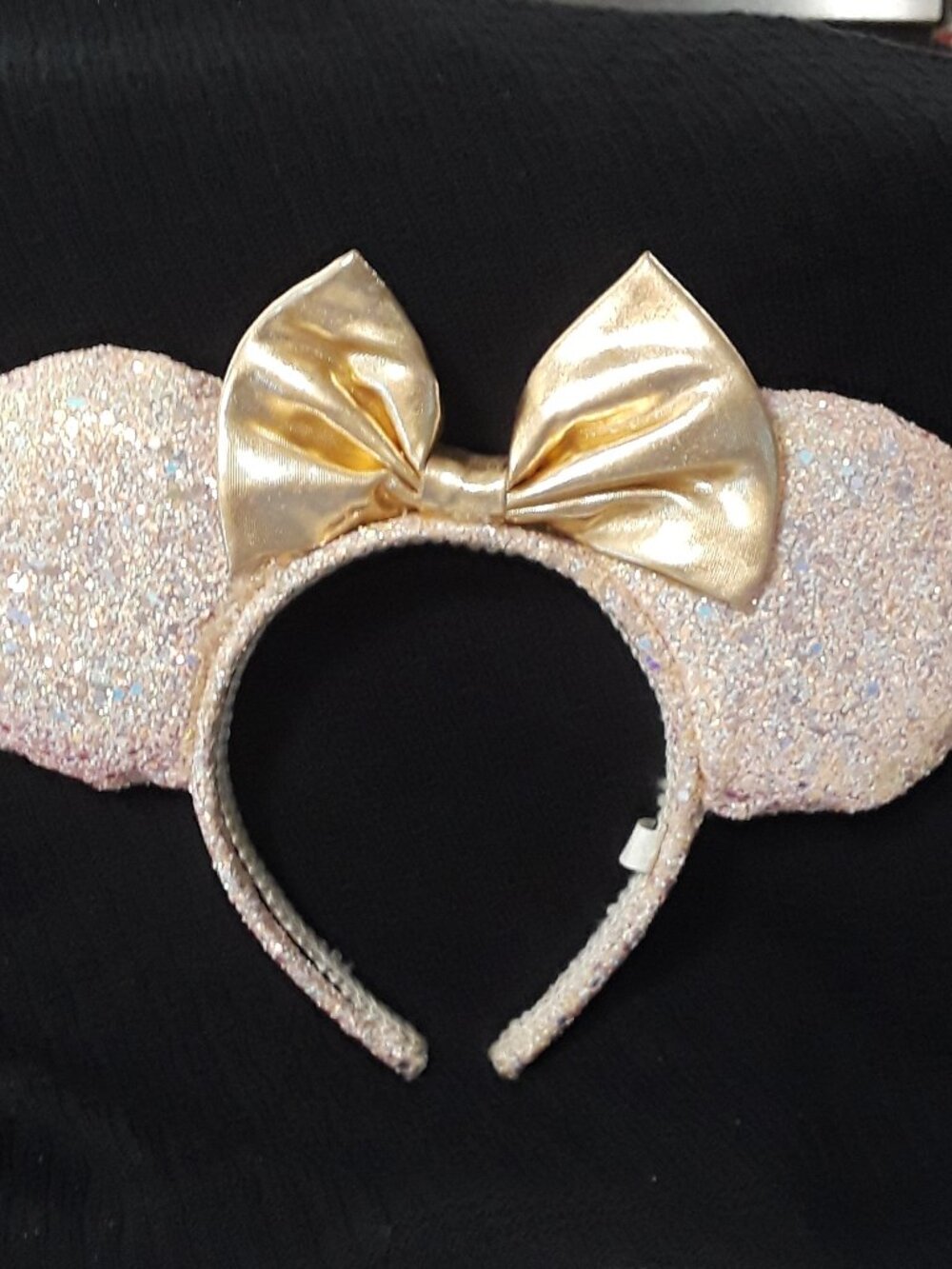 Authentic Disney Rose Gold Sequined Minnie Mouse Ears Headband with Gold Bow